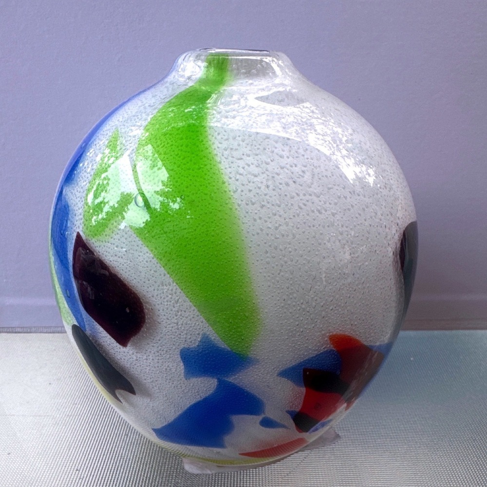 Vintage Hand Blown Art Glass Vase Multicolor White Frosted Bubble Studio Glass